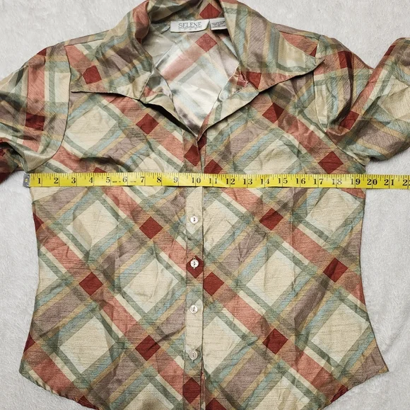 • Selene Sport Women's 3/4 Sleeve Plaid Button Up Blouse Medium Gold Multicolor - Picture 8 of 11